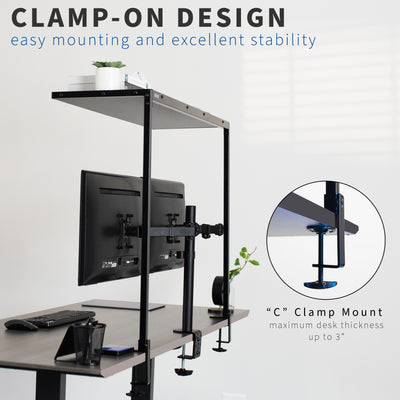 Study the C-clamp mount of the overhead desk shelf with sturdy stability. 
