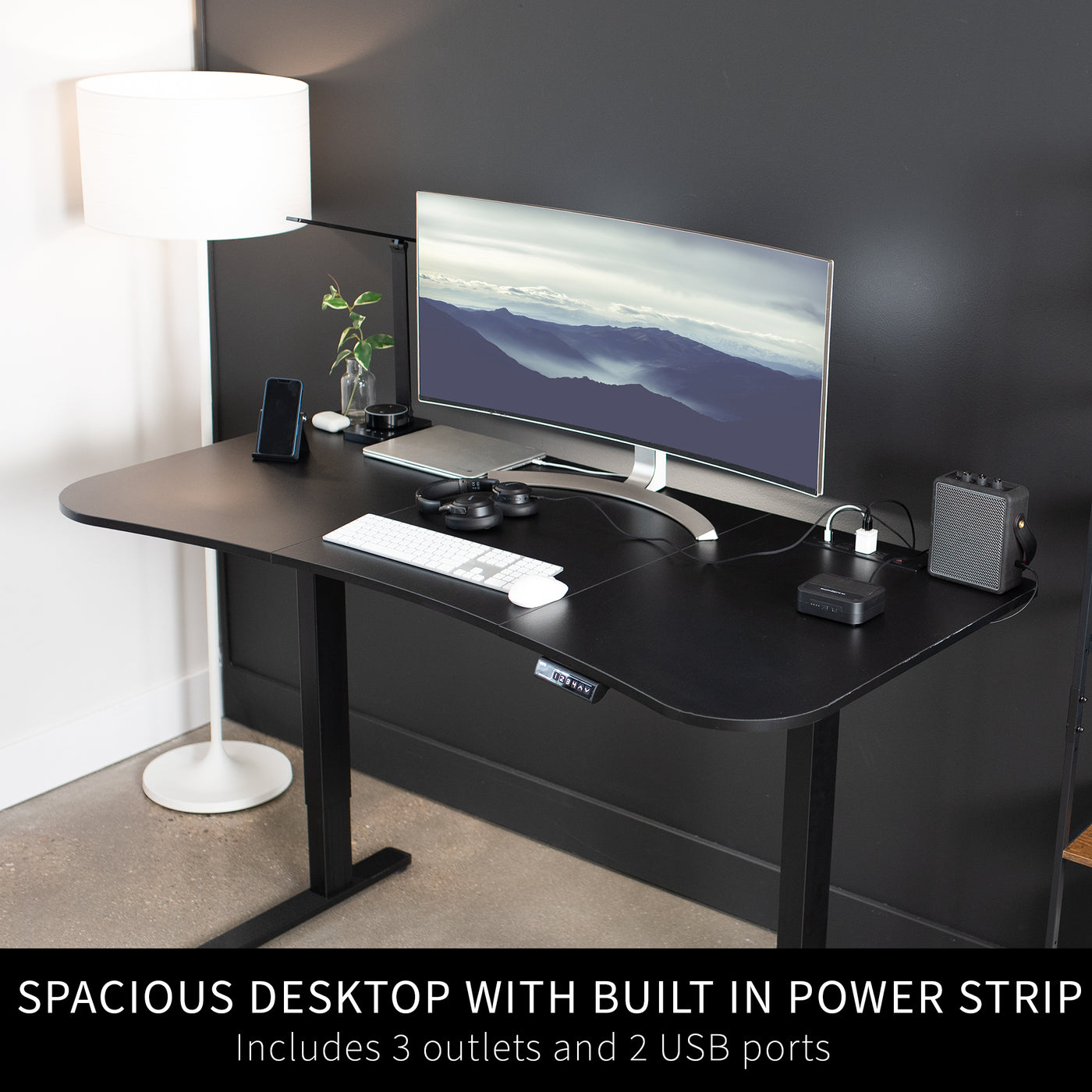 Black 63” x 32” Table Top with Built-in Power Strip