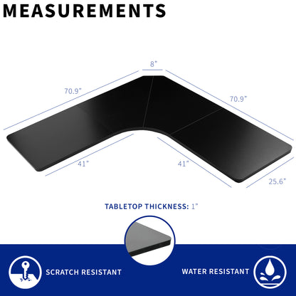 Tabletop dimensions and durable water and scratch-resistant features of the desktop.