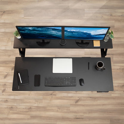 Heavy-duty adjustable sit or stand dual tier ergonomic office desk workstation.