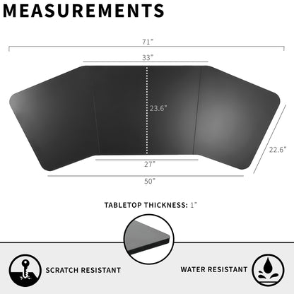  The 3-piece top is ideal for corner setups and is compatible with both manual and electric frames measuring 49” in length. 