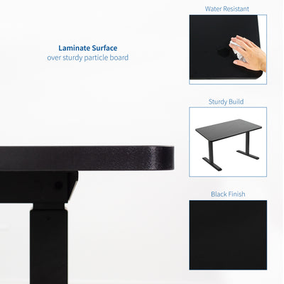 Laminated table top with water and scratch-resistant surface.