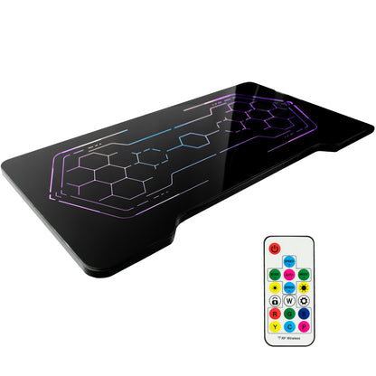 Sturdy RGB lighting gaming tabletop desktop with color changing remote controlled LED lights under tempered glass tabletop surface.