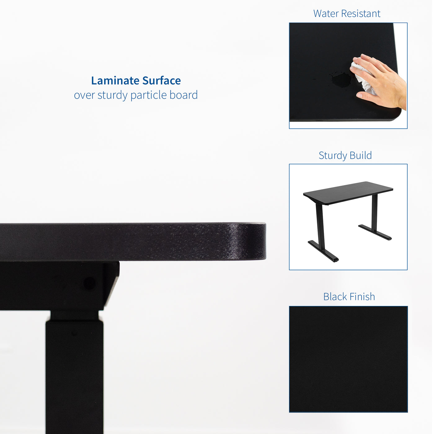 Scratch and water-resistant surface of a black laminate desk top from VIVO.