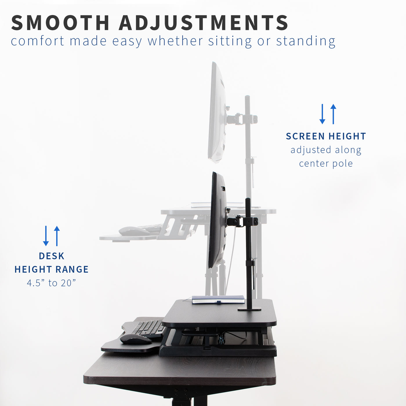 Smooth adjustments provided along the four-and-a-half to twenty-inch height range.