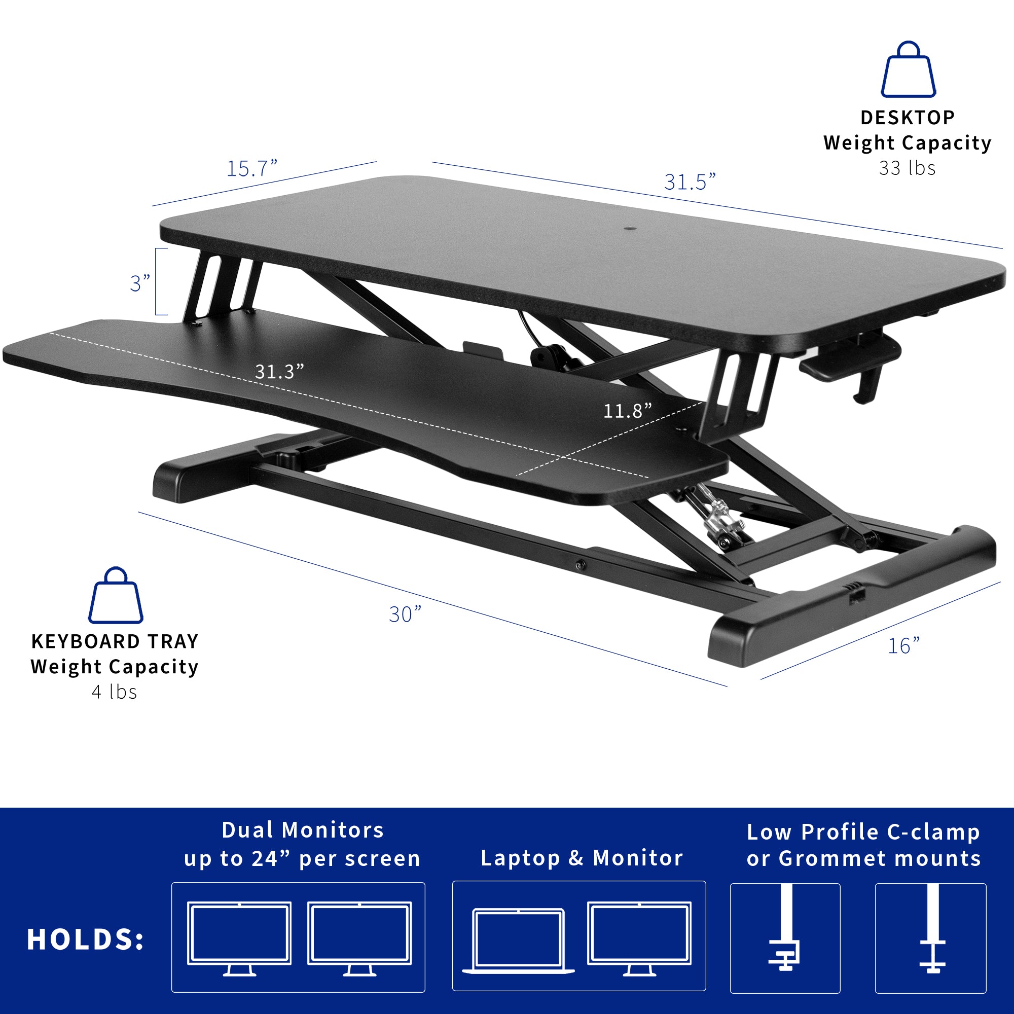 Sturdy height adjustable 2-tiered desk riser for ergonomic office workstation.