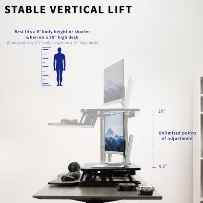 Sturdy height adjustable 2-tiered desk riser for ergonomic office workstation.