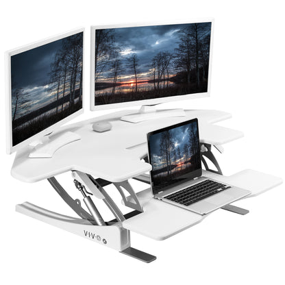 Heavy-duty height adjustable white corner desk converter monitor riser with 2 tiers.