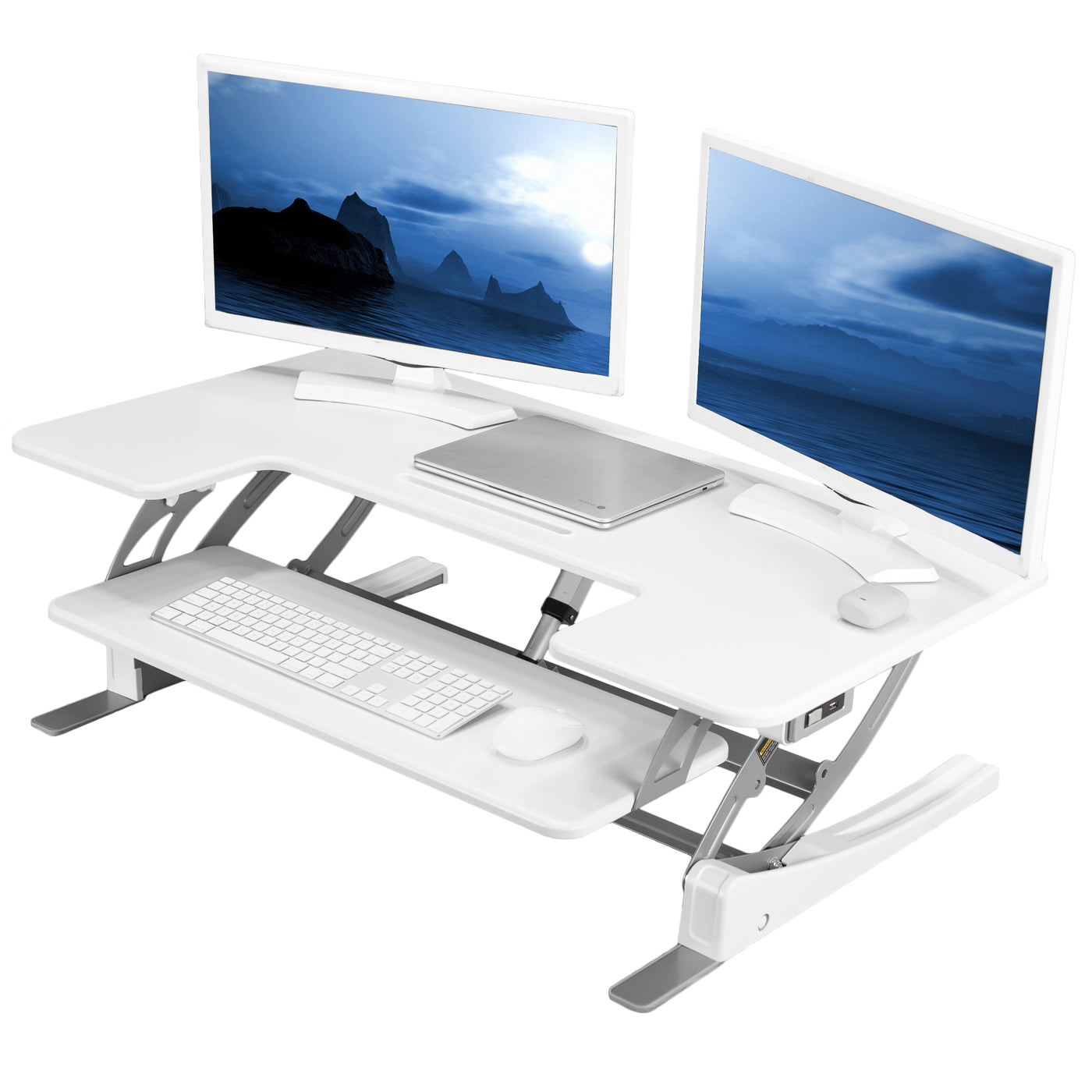 Heavy-duty height adjustable desk converter monitor riser with USB port.