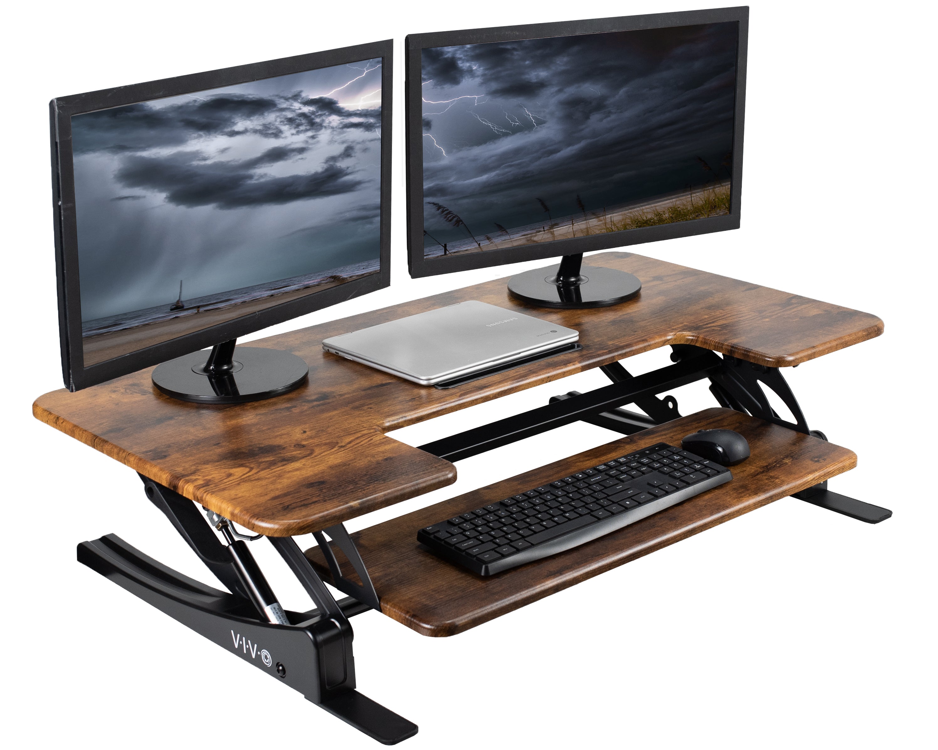 Heavy-duty, rustic, height adjustable desk converter monitor riser with 2 tiers.