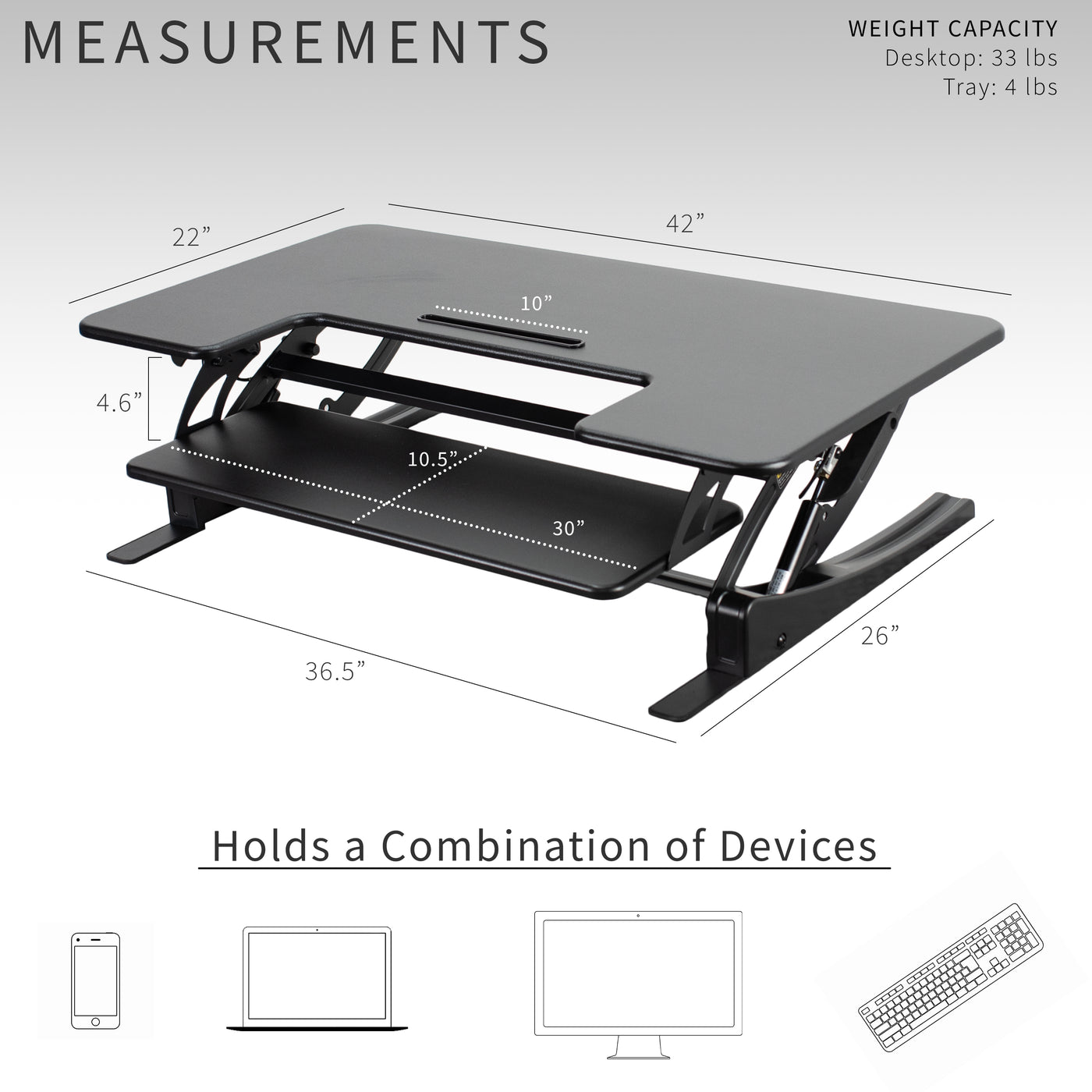 Desk converter capable of holding a variety of combinations of devices.