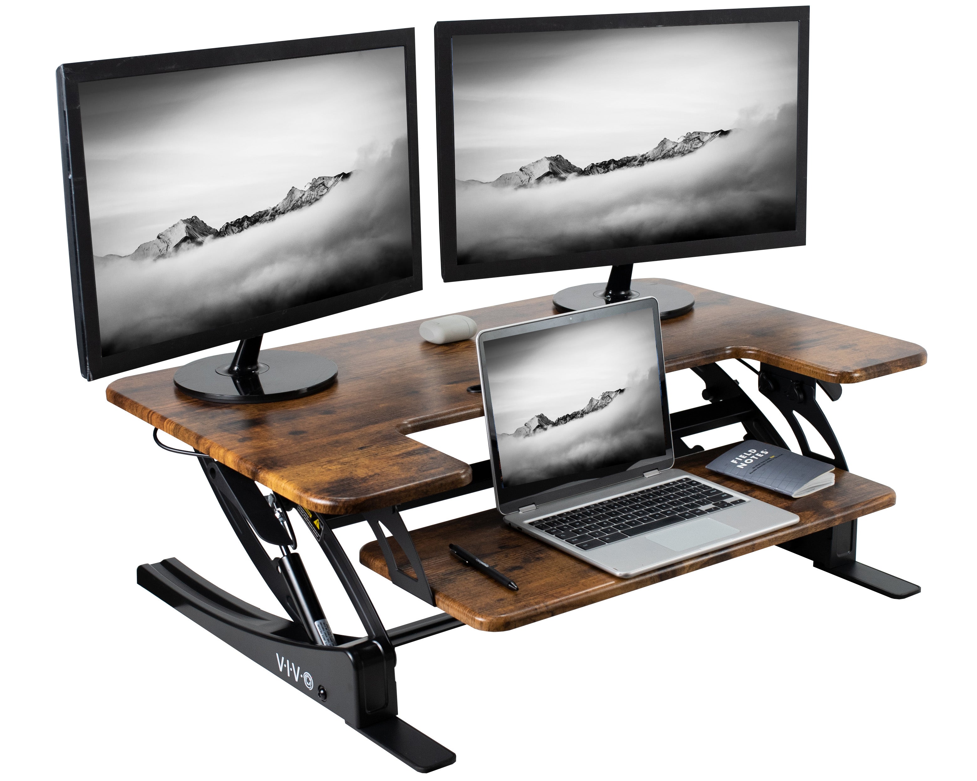 Heavy-duty, rustic, height adjustable desk converter monitor riser with 2 tiers.