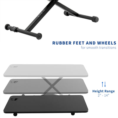 Laptop desk converter with a varying height range and rubber feet to safely elevate your monitor or laptop.
