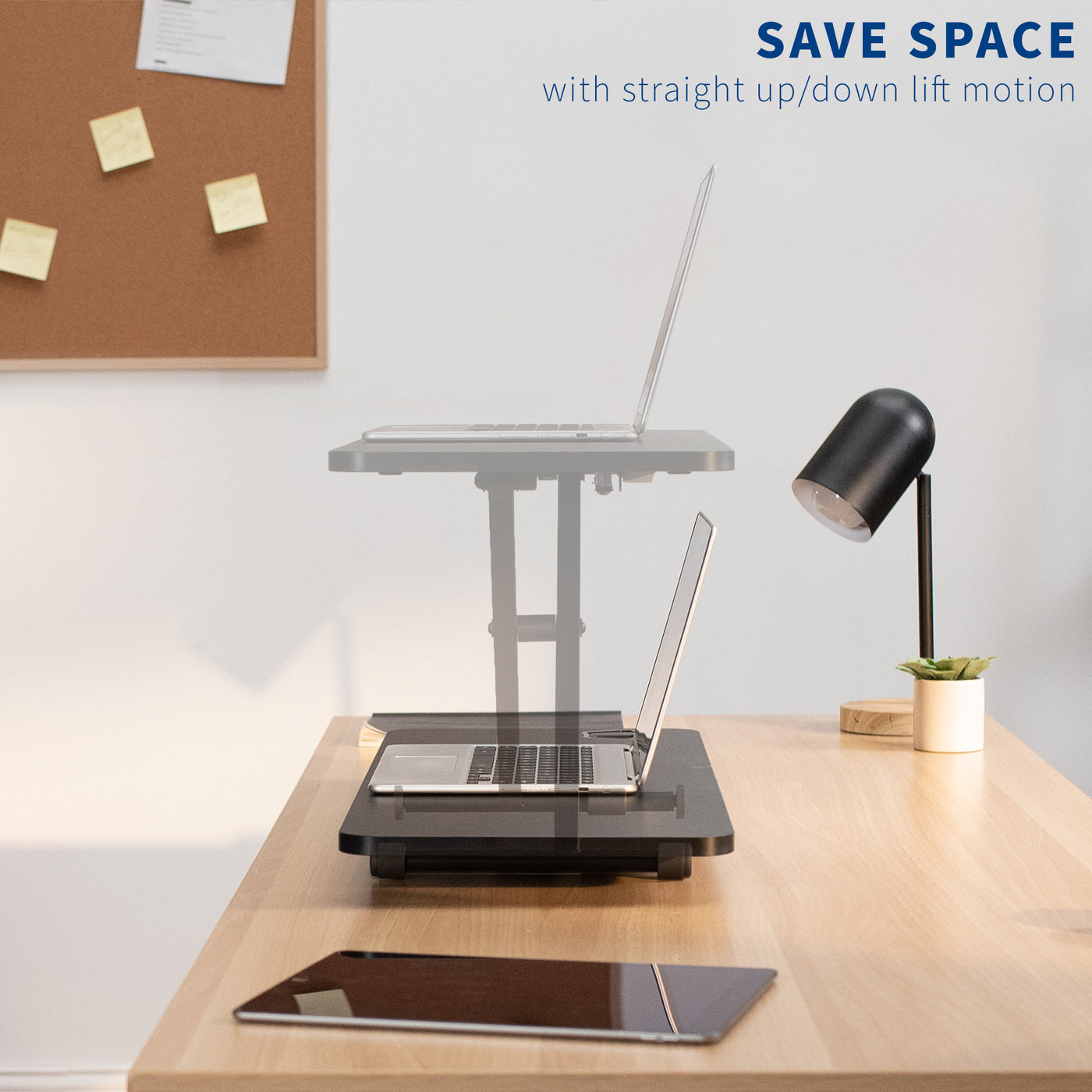 Ergonomically advance your workspace while maximizing current desk space with vertical movements of the desk converter.