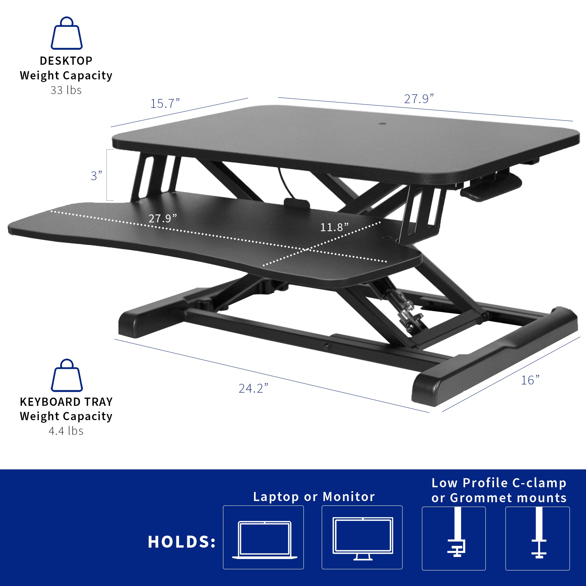 Sturdy height adjustable 2-tiered desk riser for ergonomic office workstation.