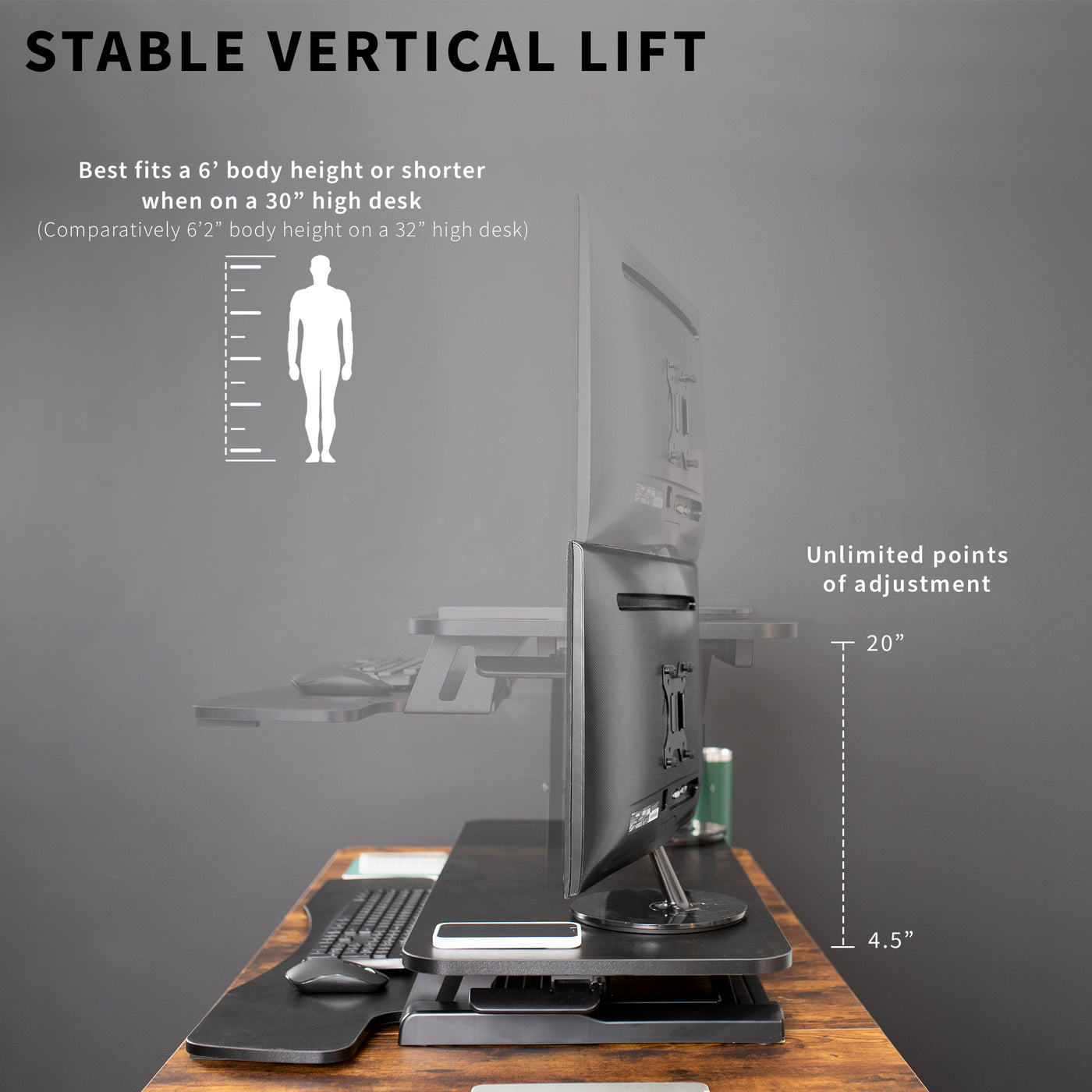Desk riser is compatible with a variety of heights to maximize every individual comfortable working height.