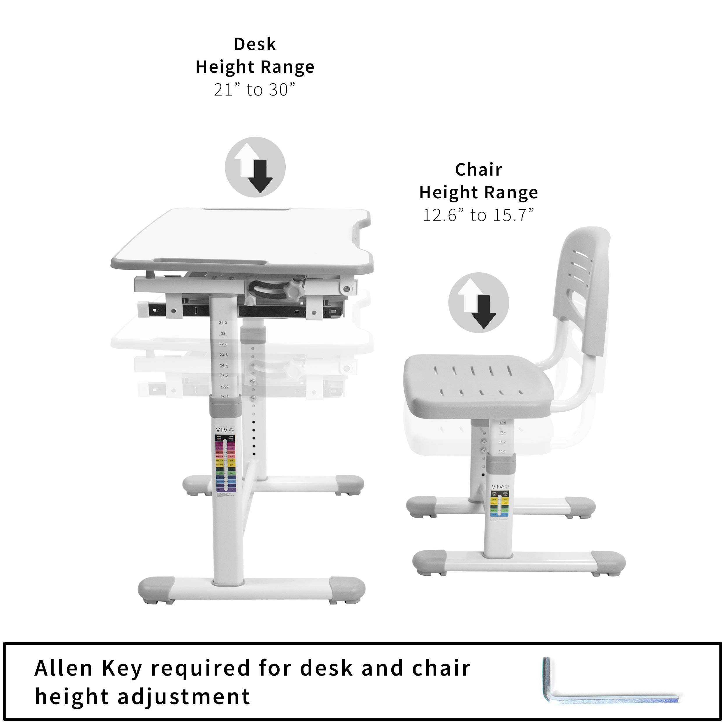 Adjustable seat and desk frame of children's desk to adapt to growth.