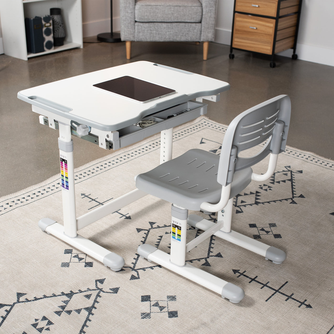 Interactive children's desk and chair station for at-home spaces or classrooms.