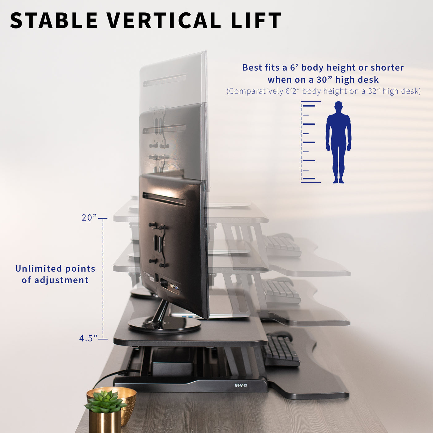 Stable height adjustable desk converter monitor riser with 2 tiers.