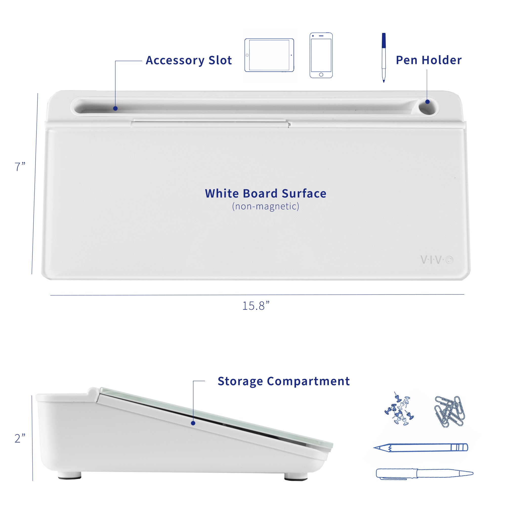 Whiteboard storage compartment with a dry-erase and magnetic surface.