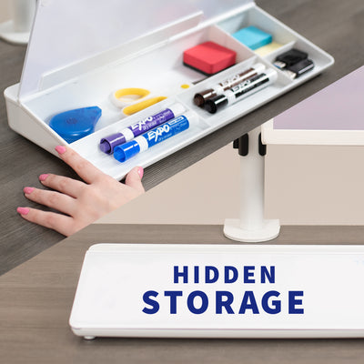 Hidden storage for smaller office supplies.