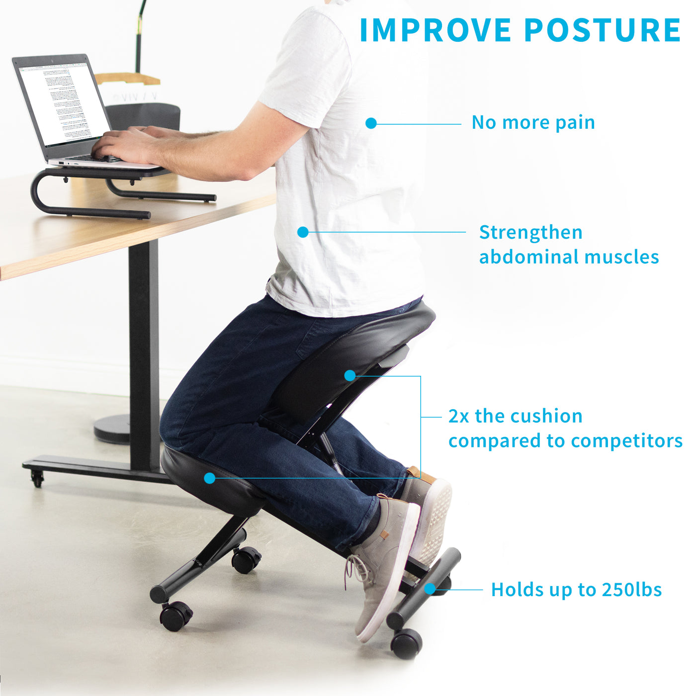 VIVO Ergonomic Wooden Kneeling Chair, Adjustable Stool for Home and Office,  Angled Posture Seat with Wheels (CHAIR-K03D) 