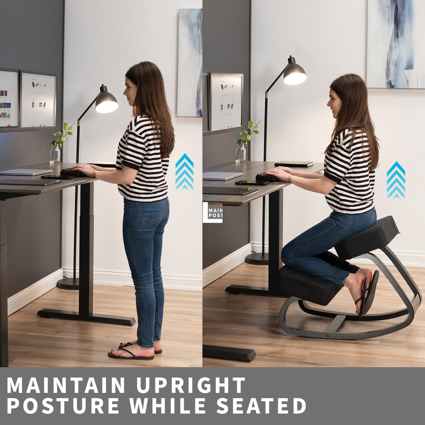 Comfortably use a rocking kneeling chair at a sit-to-stand electric desk.