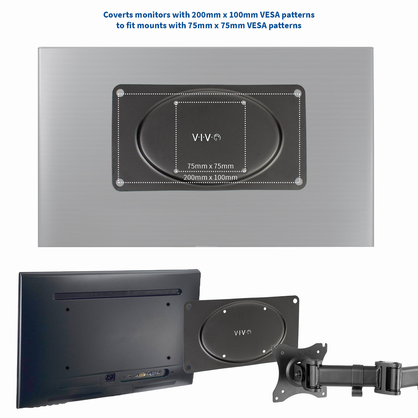 Plate adapting to standard monitor mount and large monitor frame providing efficient use of plate.