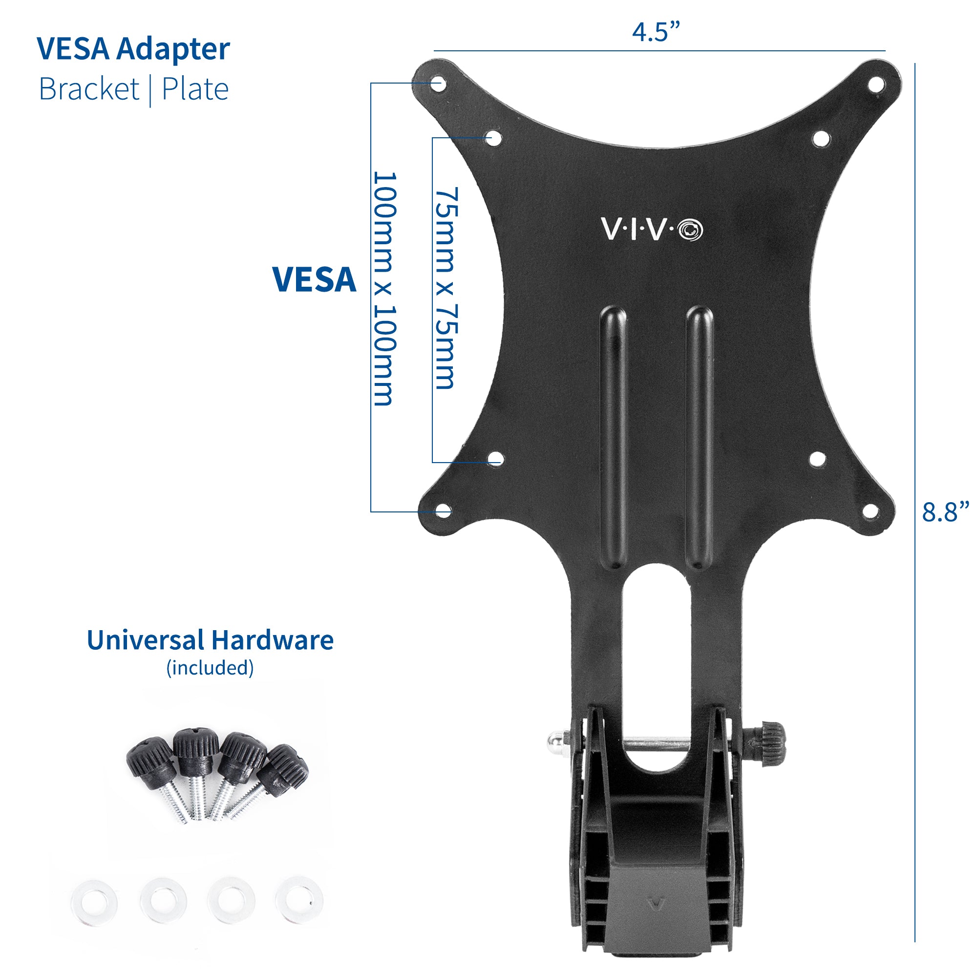 Black and silver steel constructed monitor mount bracket.