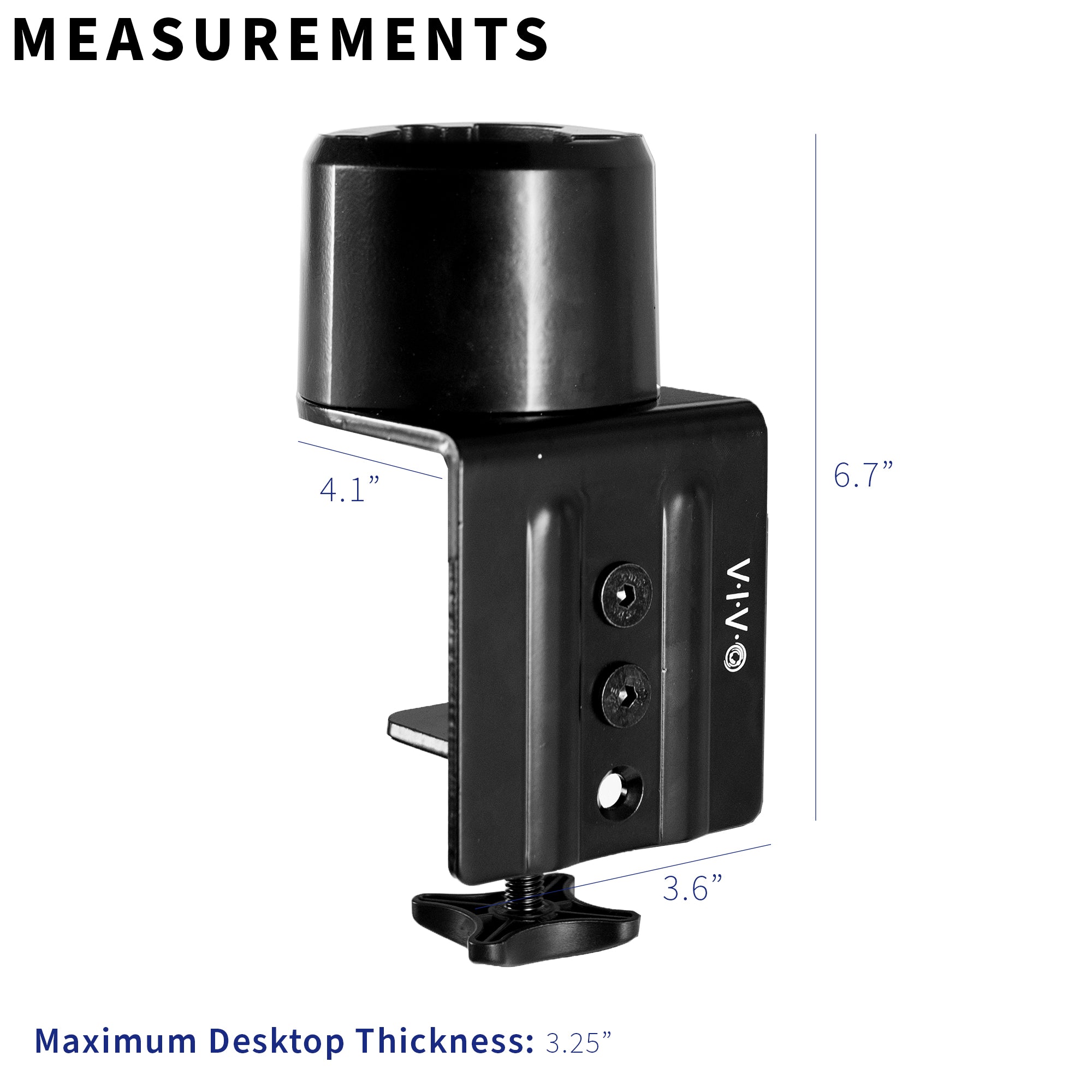 Desk clamp converter is compatible with desks up to 3.25 inches thick.