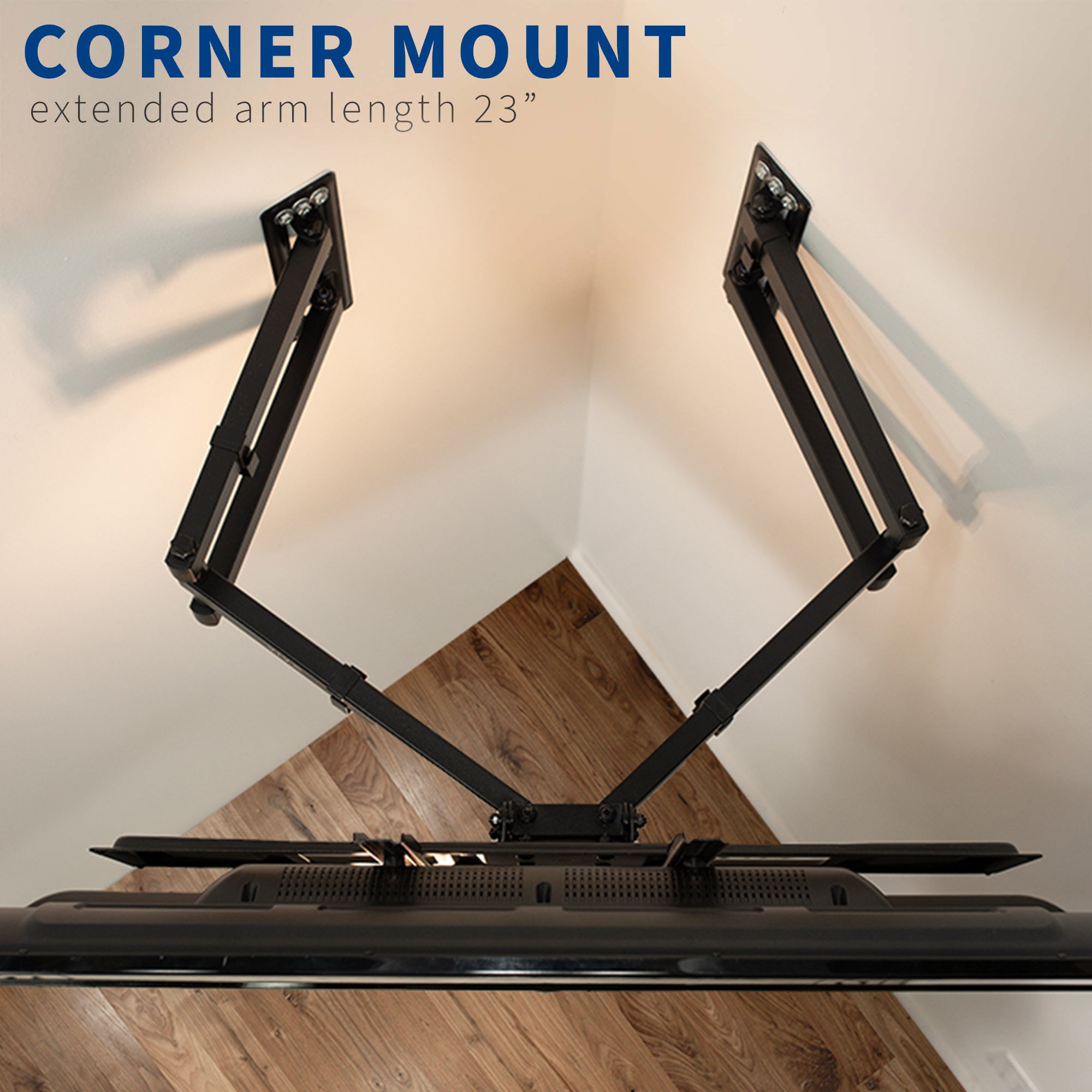 Corner TV wall mount secured to both walls for maximum security of the TV screen.