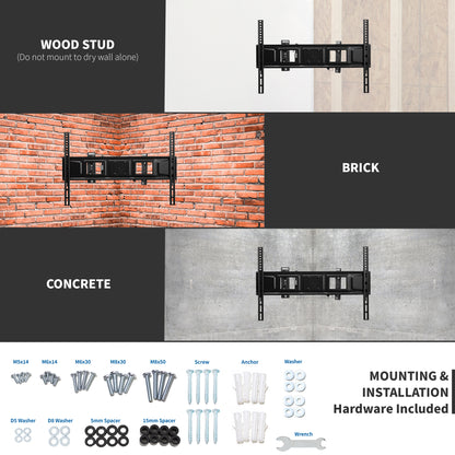 Sturdy corner wall mount for TV for wood stud, brick, or concrete with hardware included.