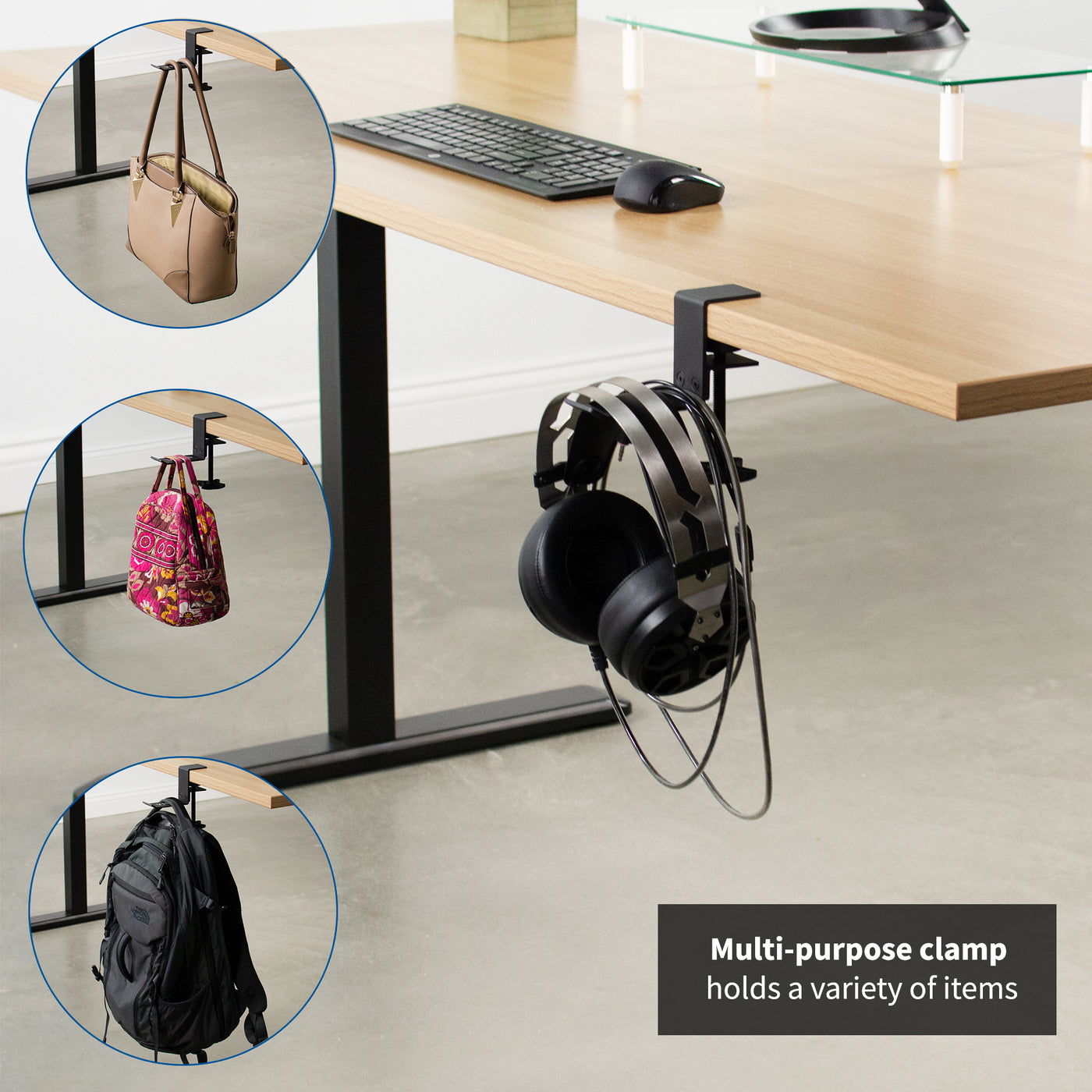 Stand Up Desk Store Clamp-On Under Desk Headphone Hanger, Backpack Hook, and Purse Holder - Black