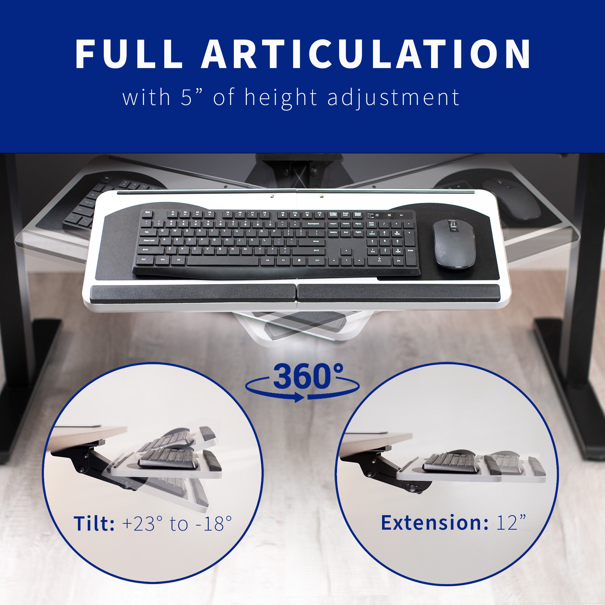 Universal design of rotating computer keyboard tray from VIVO.