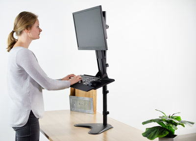 Extra tall monitor mount with an attached VESA mounting keyboard tray.