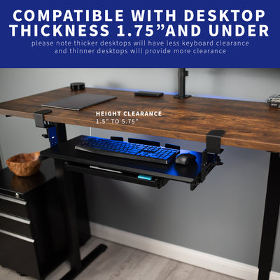 Clamp-on height adjustable convenient keyboard tray with pencil drawer for space efficient desk workstation.