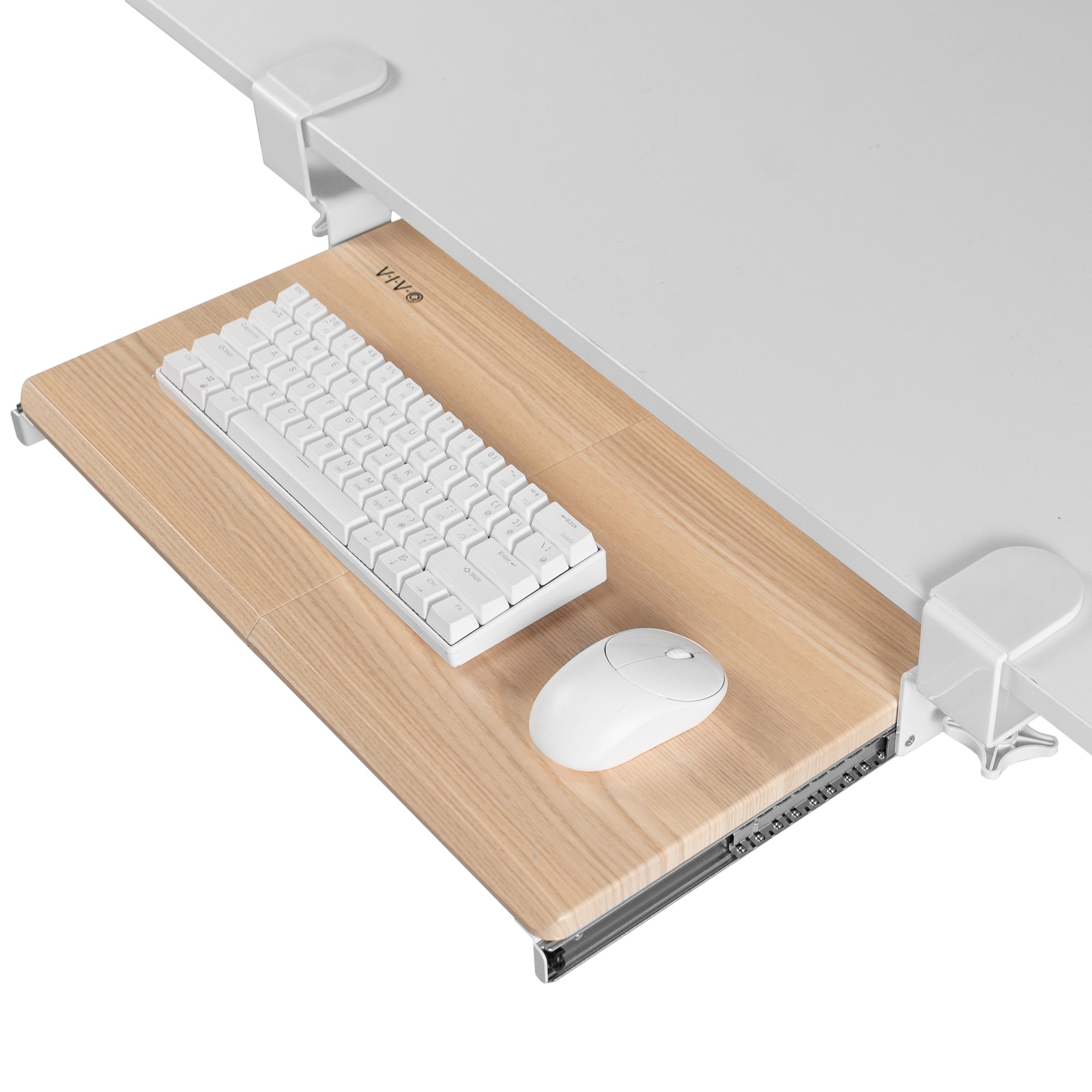 Compact clamp-on pullout keyboard tray.