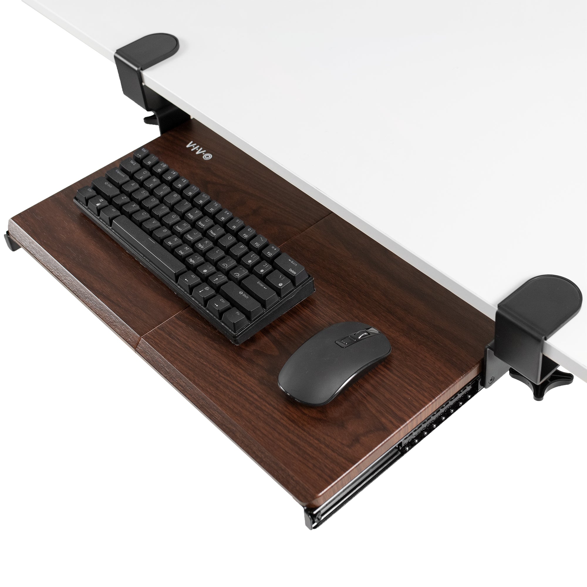 Compact clamp-on pullout keyboard tray.