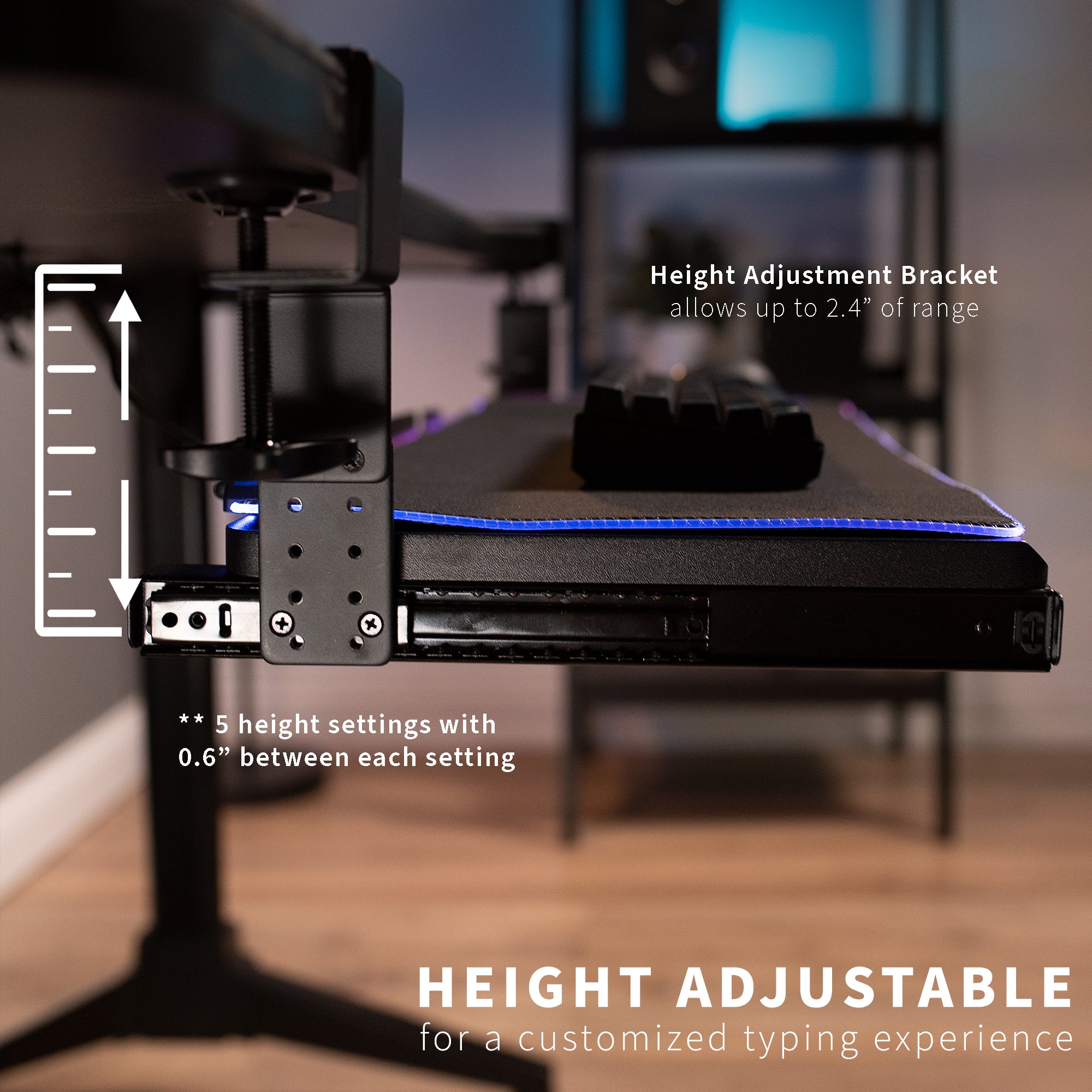 Clamp-on height adjustable pullout keyboard tray attachment.