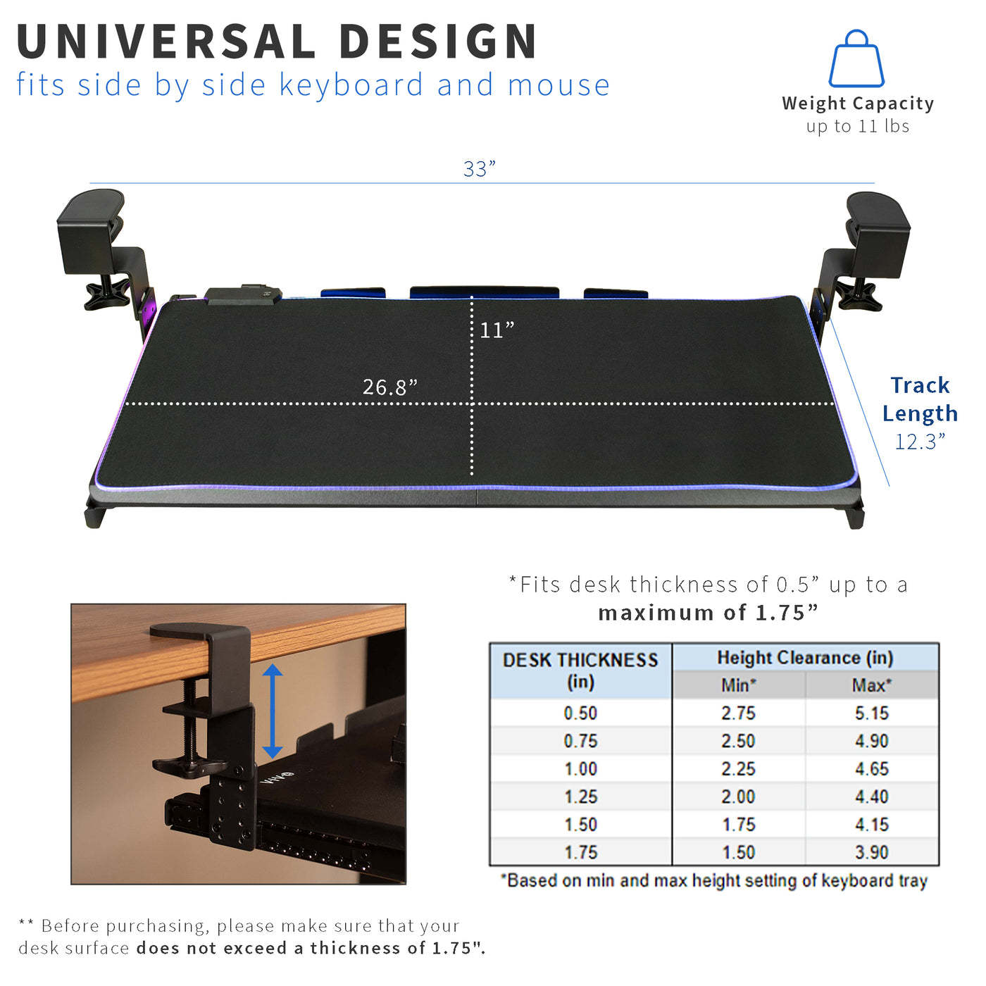 Clamp-on height adjustable pullout keyboard tray attachment with universal design.