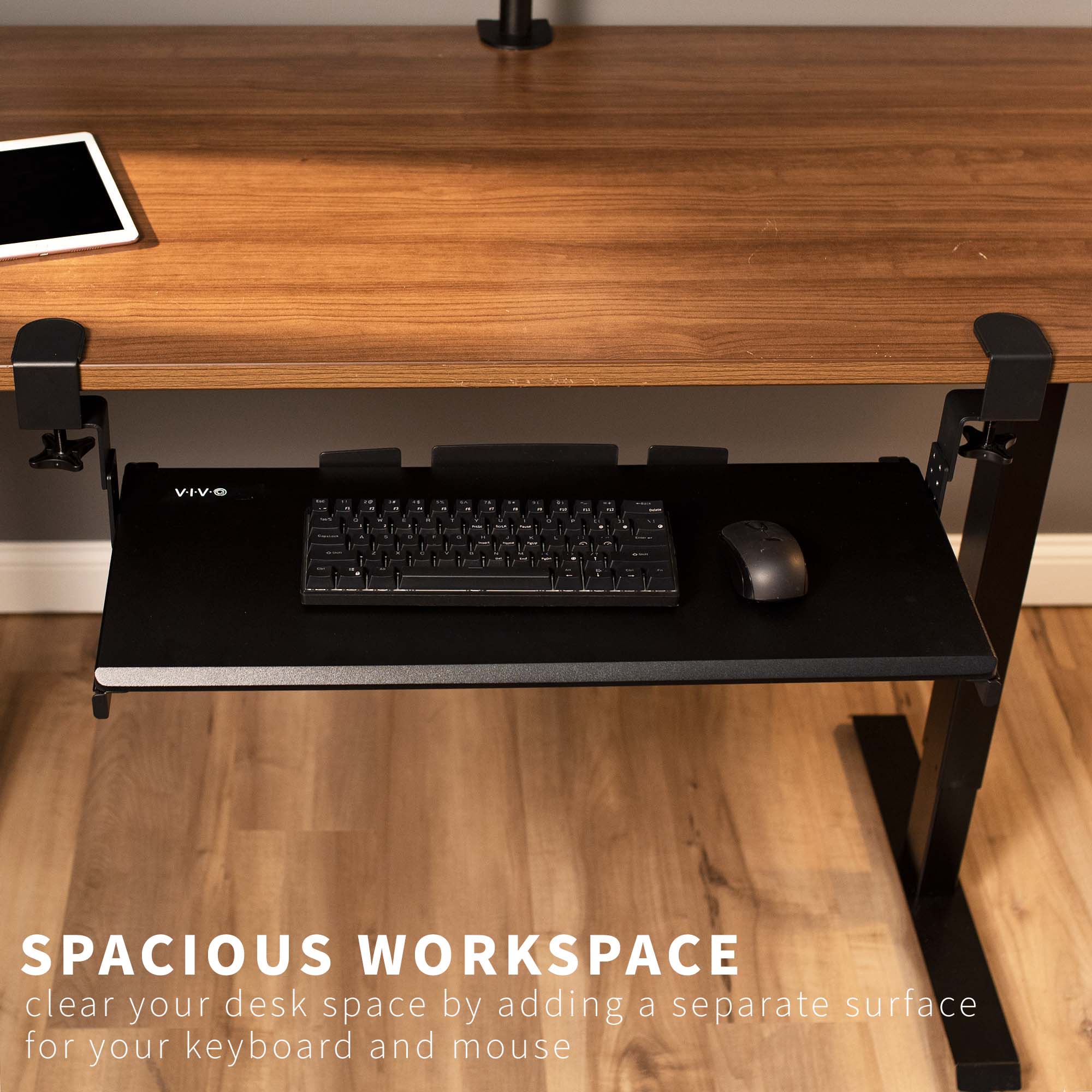 Ergonomic convenient clamp-on pullout keyboard tray.