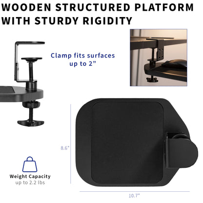 Clamp-on mouse pad with a clamp fitting up to 2” surfaces.