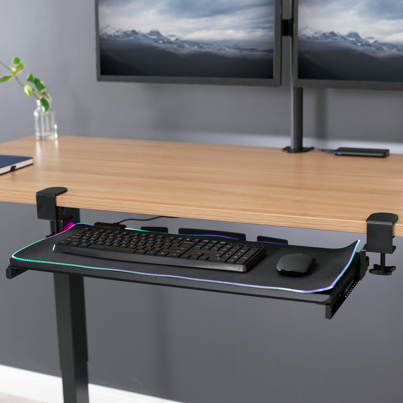 Clamp-on Computer Keyboard and Mouse Under Desk Slider Tray with RGB Pad