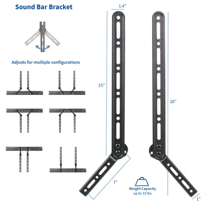Heavy-duty height adjustable TV ceiling mount and soundbar bracket with multiple configuration options.