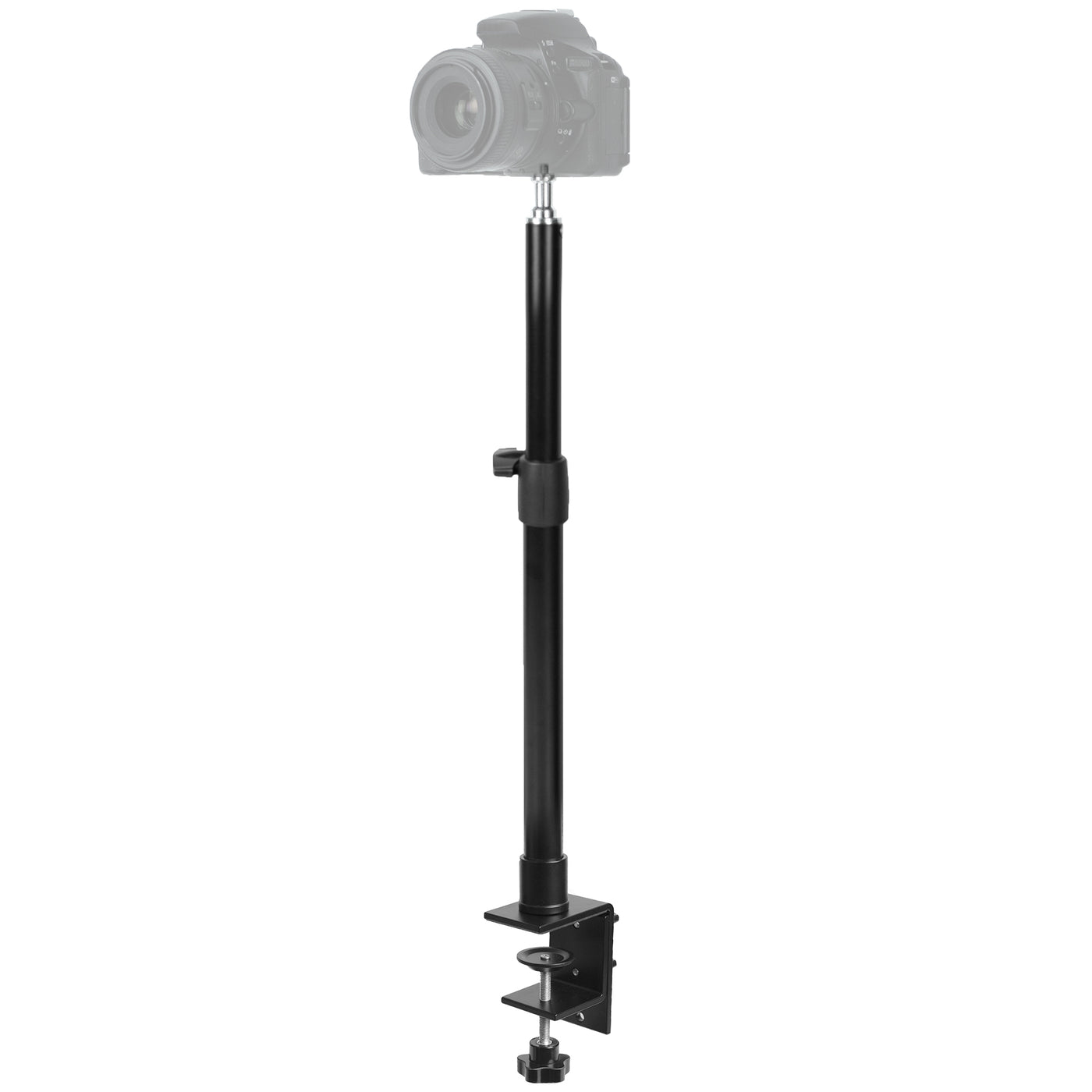 Adjustable heavy-duty clamp on tripod stand for video lighting and camera use.