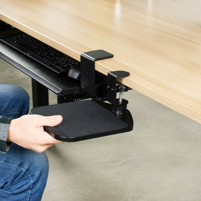 Ergonomic clamp-on mouse pad platform adjustable attachment for desk.