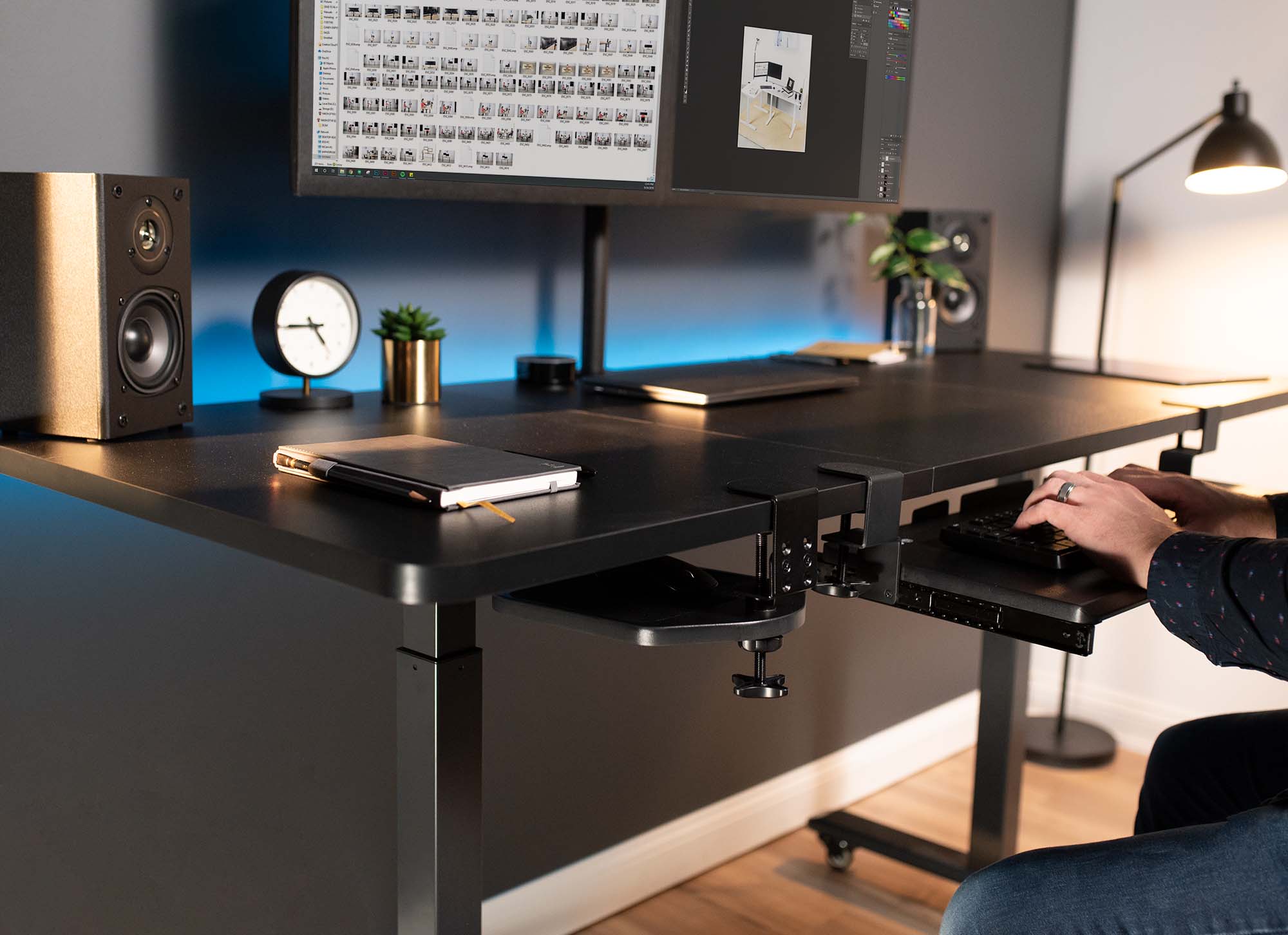 Ergonomic office set up with an attackable mouse and keyboard tray.