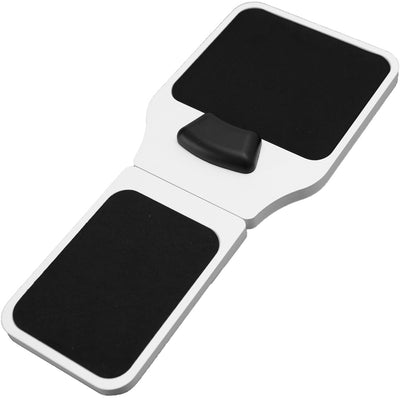 White strap on chair armrest with mouse pad.