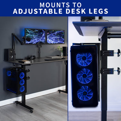 Clamp-on PC mount secures to desk legs for convenient placement.