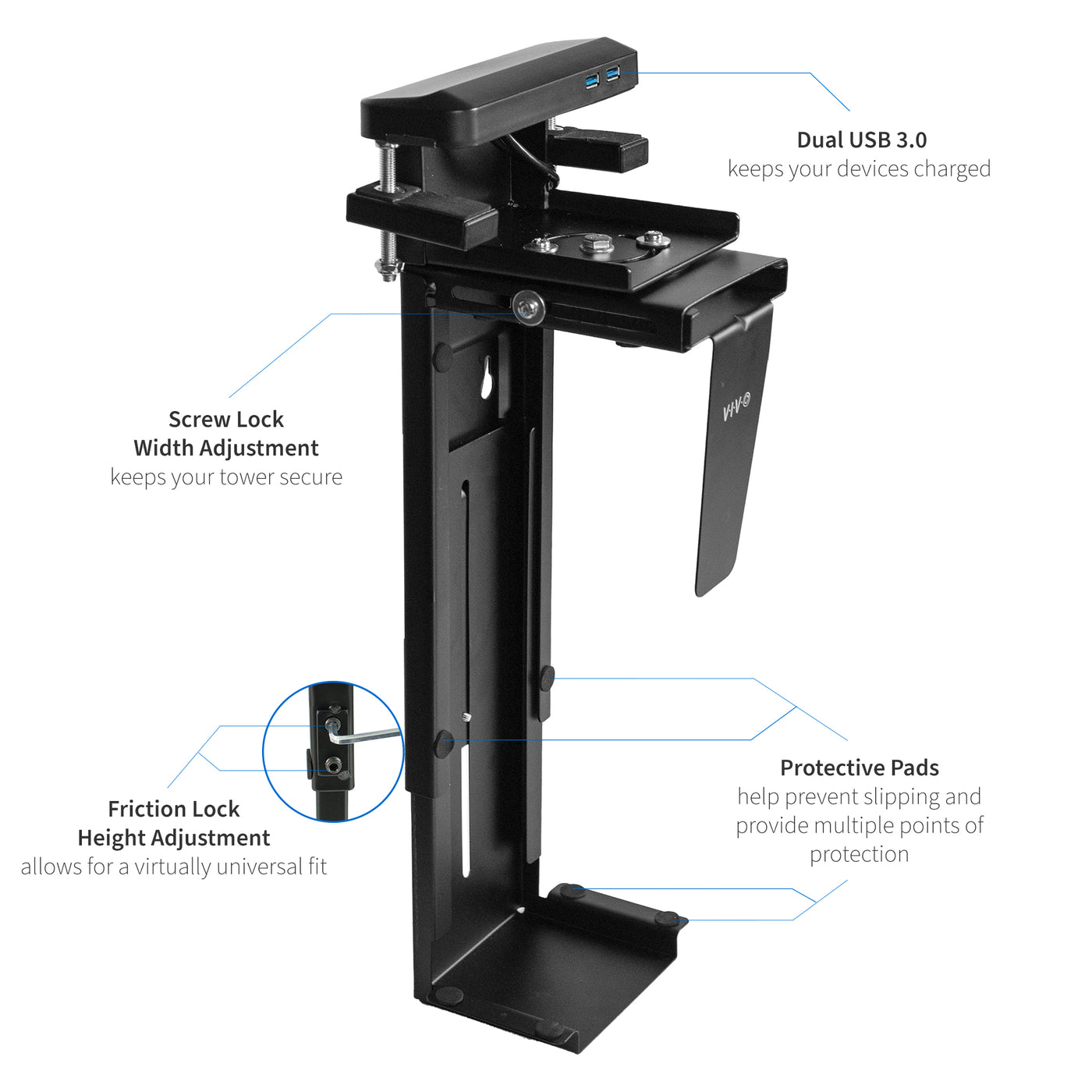 Sturdy clamp-on mount computer holder with friction lock height adjustment.